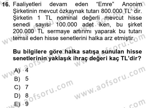 Genel Muhasebe 2 Dersi 2018 - 2019 Yılı 3 Ders Sınav Soruları 16. Soru