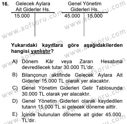 Genel Muhasebe 2 Dersi 2018 - 2019 Yılı (Final) Dönem Sonu Sınav Soruları 16. Soru