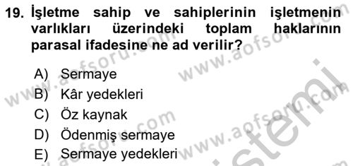 Genel Muhasebe 2 Dersi 2018 - 2019 Yılı Yaz Okulu Sınav Soruları 19. Soru