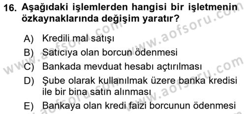 Genel Muhasebe 2 Dersi 2020 - 2021 Yılı Yaz Okulu Sınav Soruları 16. Soru