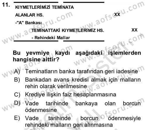 Genel Muhasebe 2 Dersi 2021 - 2022 Yılı (Vize) Ara Sınavı 11. Soru