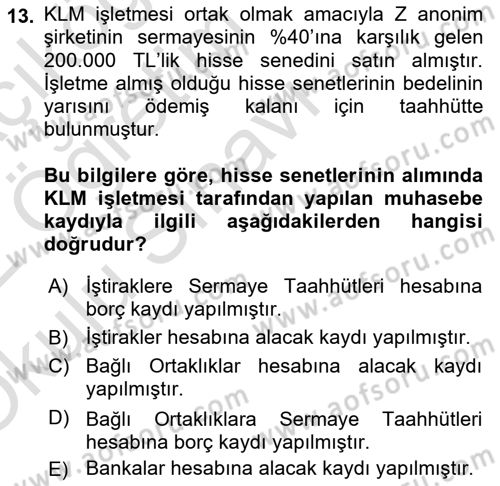 Genel Muhasebe 2 Dersi 2021 - 2022 Yılı Yaz Okulu Sınav Soruları 13. Soru