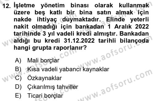 Genel Muhasebe 2 Dersi 2022 - 2023 Yılı Yaz Okulu Sınavı 12. Soru