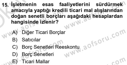 Genel Muhasebe 2 Dersi 2022 - 2023 Yılı Yaz Okulu Sınav Soruları 15. Soru