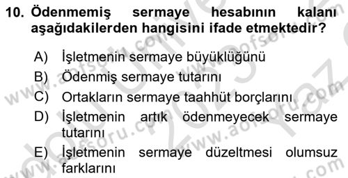 Genel Muhasebe 2 Dersi 2023 - 2024 Yılı Yaz Okulu Sınav Soruları 10. Soru