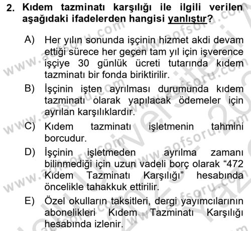 Genel Muhasebe 2 Dersi 2023 - 2024 Yılı Yaz Okulu Sınav Soruları 2. Soru