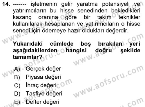 Genel Muhasebe 2 Dersi 2024 - 2025 Yılı (Vize) Ara Sınav Soruları 14. Soru