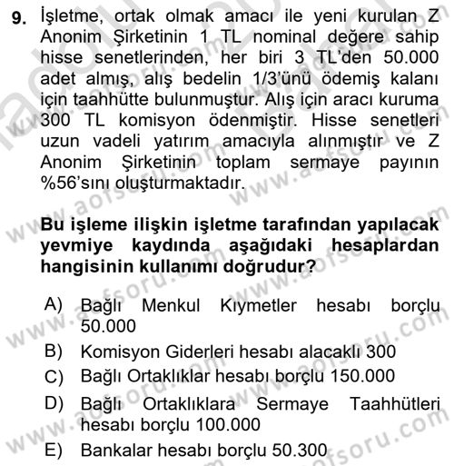 Genel Muhasebe 2 Dersi 2024 - 2025 Yılı (Vize) Ara Sınav Soruları 9. Soru