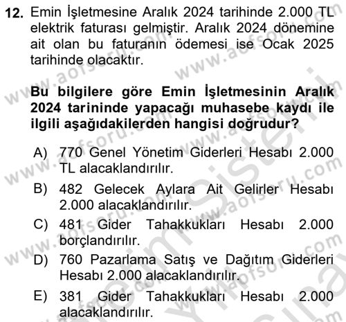 Genel Muhasebe 2 Dersi 2024 - 2025 Yılı (Final) Dönem Sonu Sınav Soruları 12. Soru