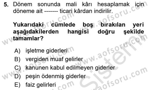 Genel Muhasebe 2 Dersi 2024 - 2025 Yılı (Final) Dönem Sonu Sınav Soruları 5. Soru