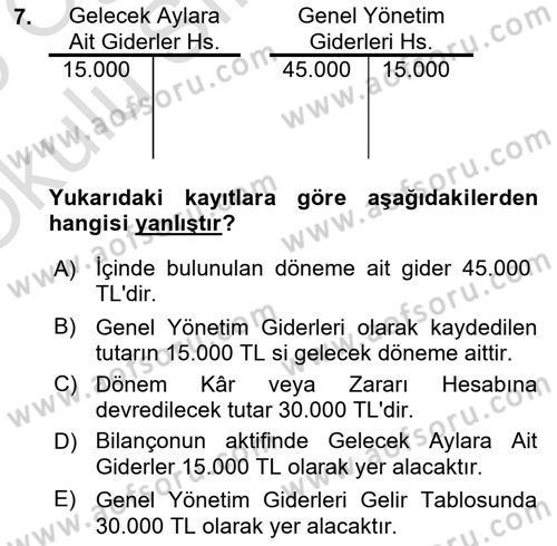 Genel Muhasebe 2 Dersi 2024 - 2025 Yılı Yaz Okulu Sınav Soruları 7. Soru