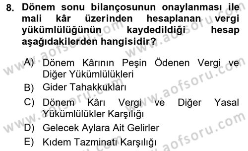 Genel Muhasebe 2 Dersi 2024 - 2025 Yılı Yaz Okulu Sınav Soruları 8. Soru