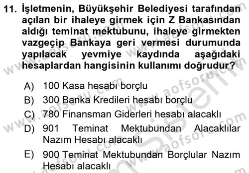 Genel Muhasebe 2 Dersi 2025 - 2026 Yılı (Vize) Ara Sınav Soruları 11. Soru