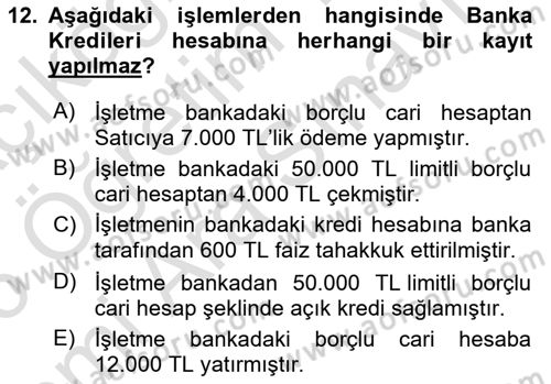 Genel Muhasebe 2 Dersi 2025 - 2026 Yılı (Vize) Ara Sınav Soruları 12. Soru