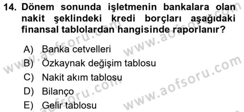 Genel Muhasebe 2 Dersi 2025 - 2026 Yılı (Vize) Ara Sınav Soruları 14. Soru