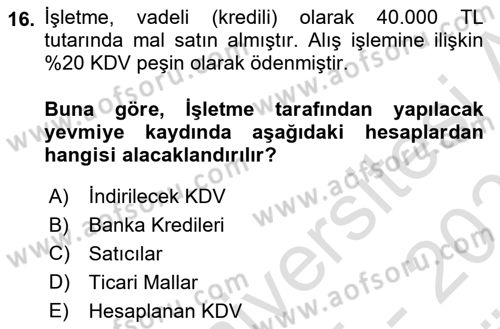 Genel Muhasebe 2 Dersi 2025 - 2026 Yılı (Vize) Ara Sınav Soruları 16. Soru