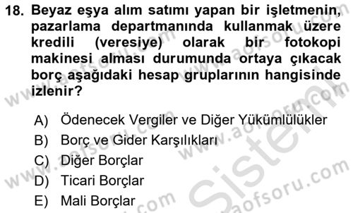 Genel Muhasebe 2 Dersi 2025 - 2026 Yılı (Vize) Ara Sınav Soruları 18. Soru