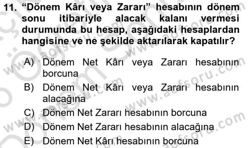 Genel Muhasebe 2 Dersi 2025 - 2026 Yılı (Final) Dönem Sonu Sınav Soruları 11. Soru