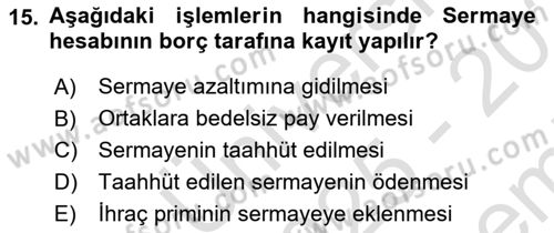 Genel Muhasebe 2 Dersi 2025 - 2026 Yılı (Final) Dönem Sonu Sınav Soruları 15. Soru