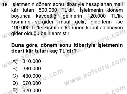 Genel Muhasebe 2 Dersi 2025 - 2026 Yılı (Final) Dönem Sonu Sınav Soruları 16. Soru