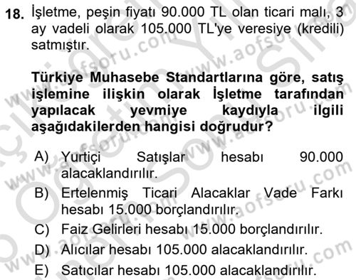 Genel Muhasebe 2 Dersi 2025 - 2026 Yılı (Final) Dönem Sonu Sınav Soruları 18. Soru