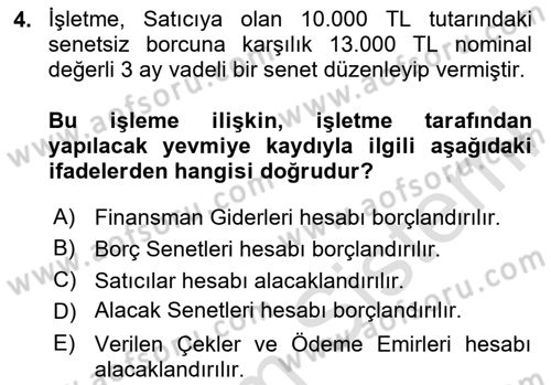 Genel Muhasebe 2 Dersi 2025 - 2026 Yılı (Final) Dönem Sonu Sınav Soruları 4. Soru