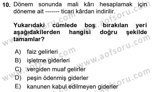 Genel Muhasebe 2 Dersi 2025 - 2026 Yılı Yaz Okulu Sınav Soruları 10. Soru