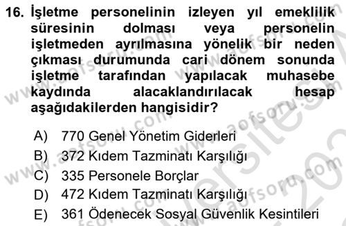 Genel Muhasebe 2 Dersi 2025 - 2026 Yılı Yaz Okulu Sınav Soruları 16. Soru