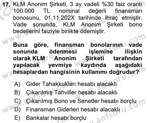 Genel Muhasebe 2 Dersi 2025 - 2026 Yılı Yaz Okulu Sınav Soruları 17. Soru