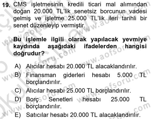 Genel Muhasebe 2 Dersi 2025 - 2026 Yılı Yaz Okulu Sınav Soruları 19. Soru
