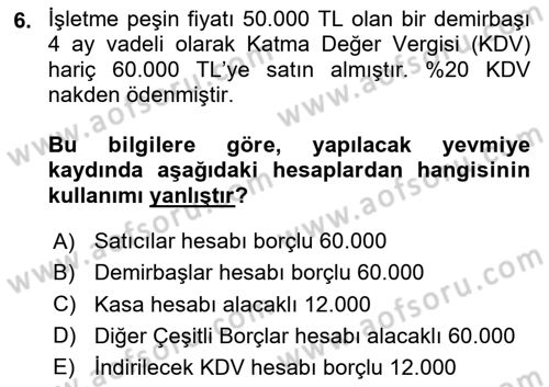 Genel Muhasebe 2 Dersi 2025 - 2026 Yılı Yaz Okulu Sınav Soruları 6. Soru