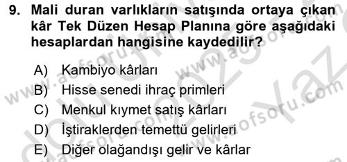 Genel Muhasebe 2 Dersi 2025 - 2026 Yılı Yaz Okulu Sınav Soruları 9. Soru