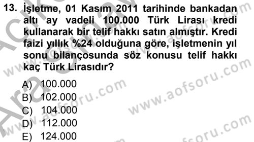 Muhasebe Uygulamaları Dersi 2012 - 2013 Yılı (Vize) Ara Sınavı 13. Soru