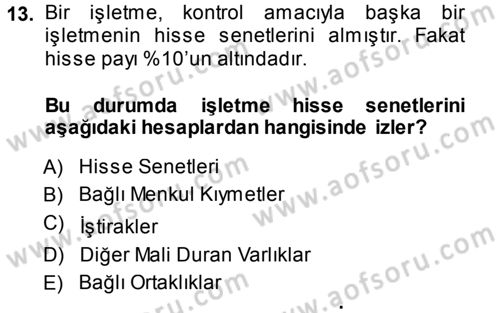 Muhasebe Uygulamaları Dersi 2013 - 2014 Yılı (Vize) Ara Sınavı 13. Soru