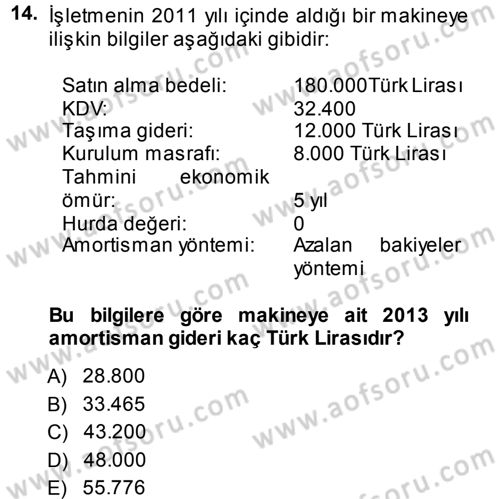 Muhasebe Uygulamaları Dersi 2013 - 2014 Yılı (Vize) Ara Sınavı 14. Soru