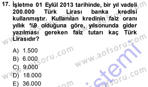 Muhasebe Uygulamaları Dersi 2013 - 2014 Yılı (Vize) Ara Sınavı 17. Soru