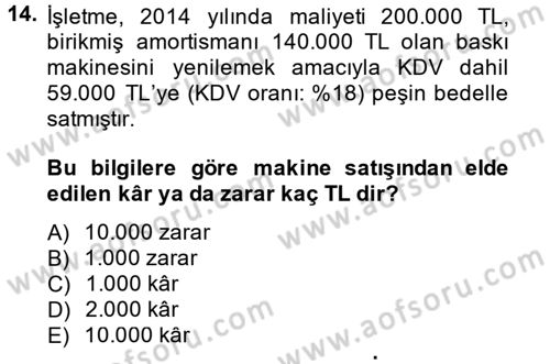 Muhasebe Uygulamaları Dersi 2014 - 2015 Yılı (Vize) Ara Sınavı 14. Soru