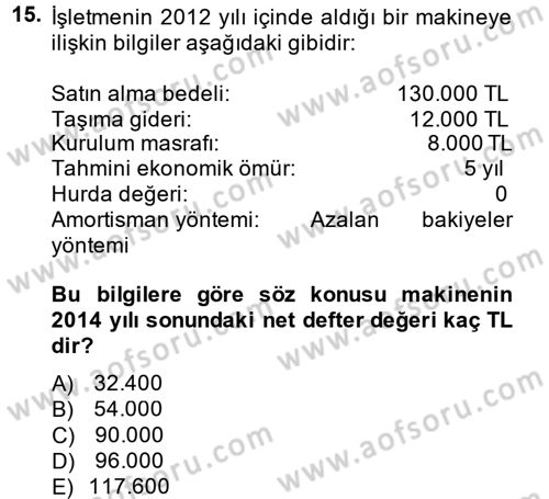 Muhasebe Uygulamaları Dersi 2014 - 2015 Yılı (Vize) Ara Sınavı 15. Soru