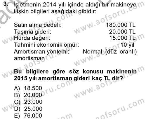 Muhasebe Uygulamaları Dersi 2014 - 2015 Yılı (Final) Dönem Sonu Sınavı 3. Soru