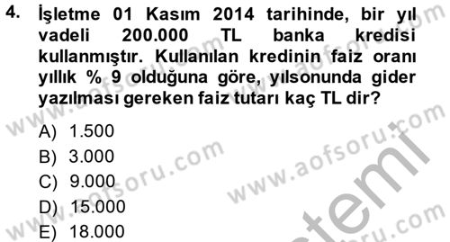 Muhasebe Uygulamaları Dersi 2014 - 2015 Yılı (Final) Dönem Sonu Sınavı 4. Soru