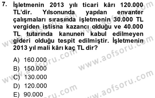 Muhasebe Uygulamaları Dersi 2014 - 2015 Yılı (Final) Dönem Sonu Sınavı 7. Soru