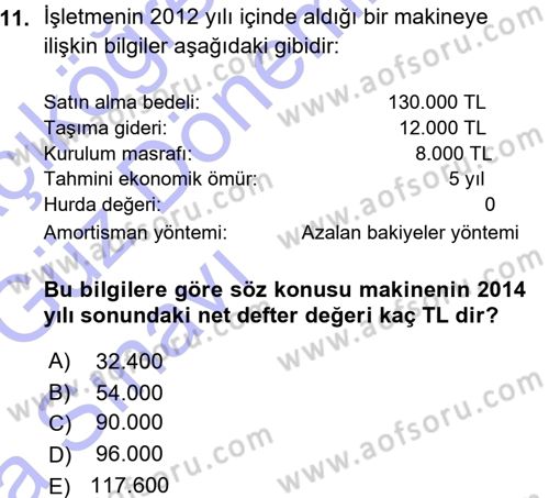 Muhasebe Uygulamaları Dersi 2015 - 2016 Yılı (Vize) Ara Sınavı 11. Soru