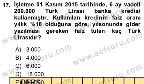 Muhasebe Uygulamaları Dersi 2015 - 2016 Yılı (Vize) Ara Sınavı 17. Soru