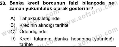 Muhasebe Uygulamaları Dersi 2015 - 2016 Yılı (Vize) Ara Sınavı 20. Soru