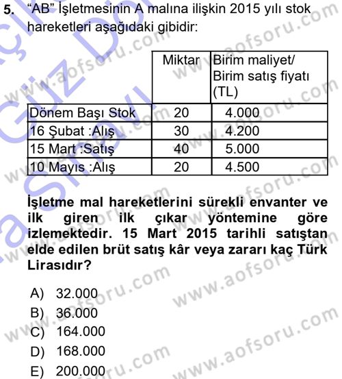 Muhasebe Uygulamaları Dersi 2015 - 2016 Yılı (Vize) Ara Sınavı 5. Soru