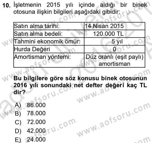 Muhasebe Uygulamaları Dersi 2016 - 2017 Yılı (Vize) Ara Sınavı 10. Soru