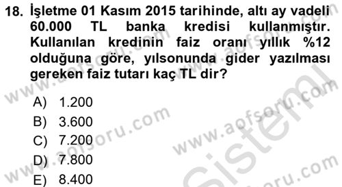 Muhasebe Uygulamaları Dersi 2016 - 2017 Yılı (Vize) Ara Sınavı 18. Soru