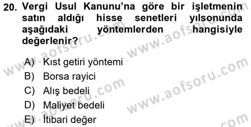 Muhasebe Uygulamaları Dersi 2016 - 2017 Yılı (Vize) Ara Sınavı 20. Soru