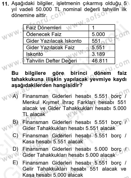 Muhasebe Uygulamaları Dersi 2016 - 2017 Yılı (Final) Dönem Sonu Sınavı 11. Soru