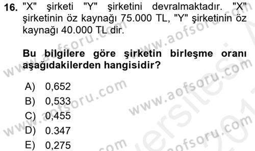 Muhasebe Uygulamaları Dersi 2016 - 2017 Yılı (Final) Dönem Sonu Sınavı 16. Soru